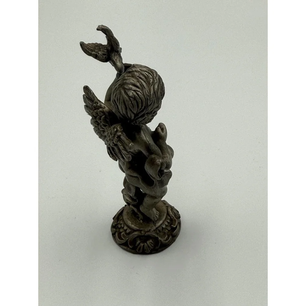 Pewter Cherub Figurine With‎ Bird Putti Angel Statue Vintage Style